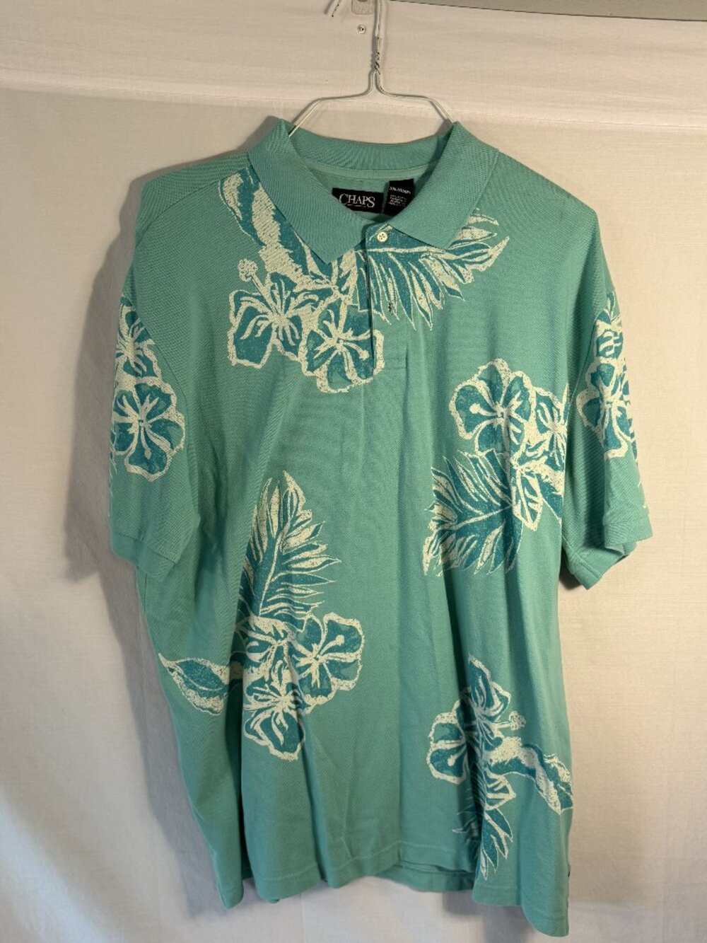 Chaps Mens XXL Tropical Floral Polo Shirt Pale Aqua Green Hibiscus Knit Golf